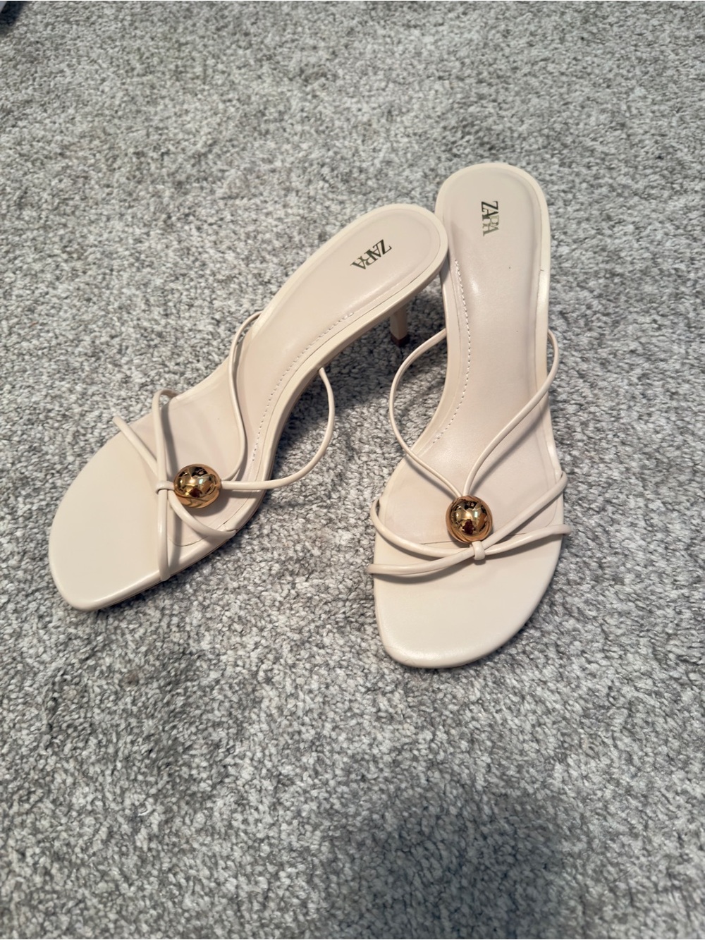Zara Beige Strappy Slide Sandals with Gold Accent - Picture 2 of 2